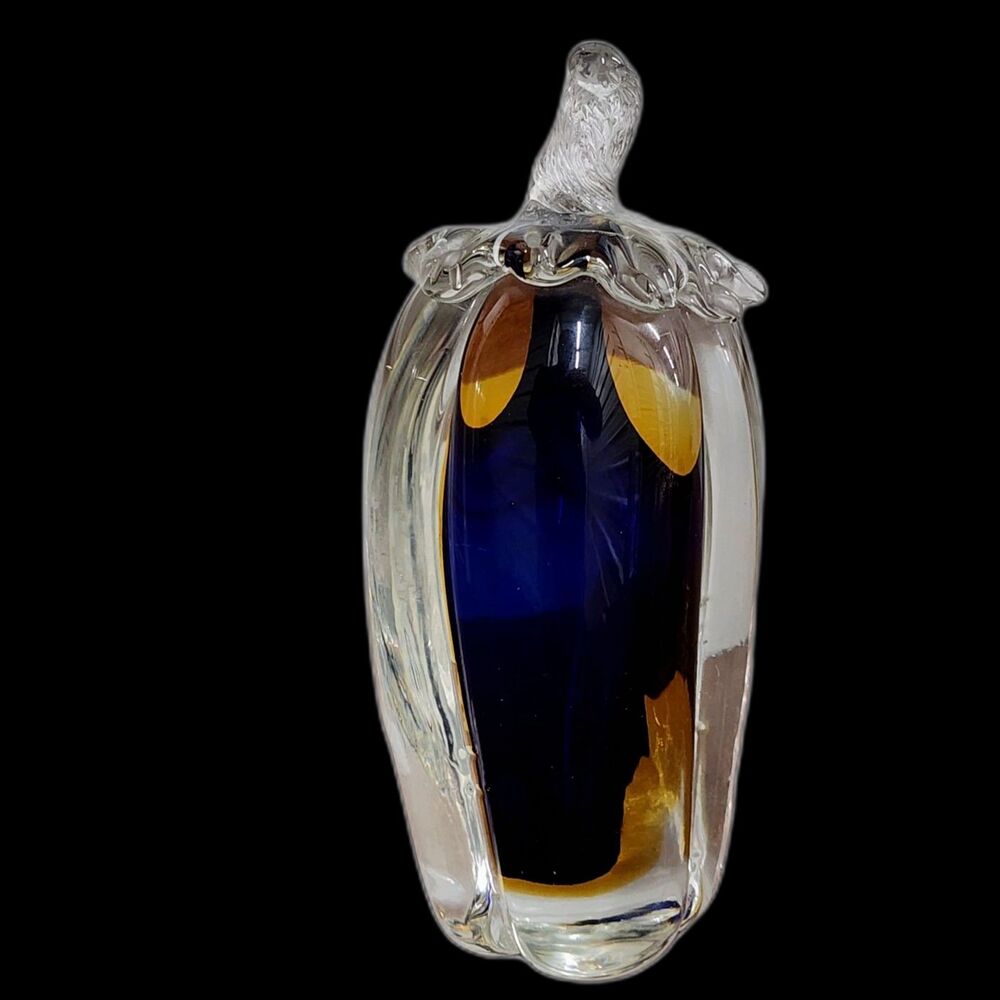 Hand-Blown Art Glass Aubergine /Gourd Sculpture – Cobalt Blue & Amber -8" Heavy